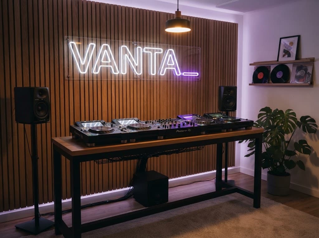Das VANTA Studio: DJ-Tisch mit Pioneer CDJs und DJM-A9 vor einer Holzwand mit leuchtendem VANTA-Logo